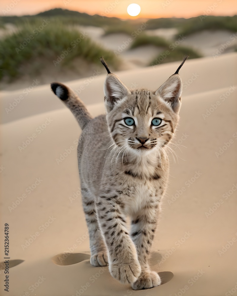 Fototapeta premium A Balkan lynx genetic hybrid experiment fantasy animal, fictional species in warm coastal dunes