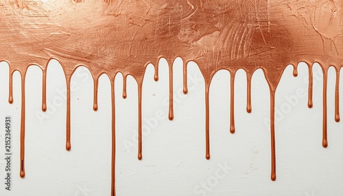 A close-up view of molten copper dripping down a white surface, creating a unique abstract pattern