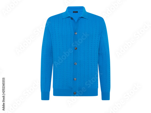 A blue long-sleeved cable-knit cardigan with a collared neckline and button closure is displayed on a transparent background, cozy knit sweaters.
