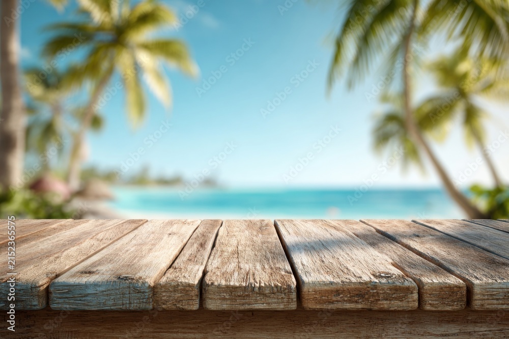 Fototapeta premium Tropical paradise wooden table view