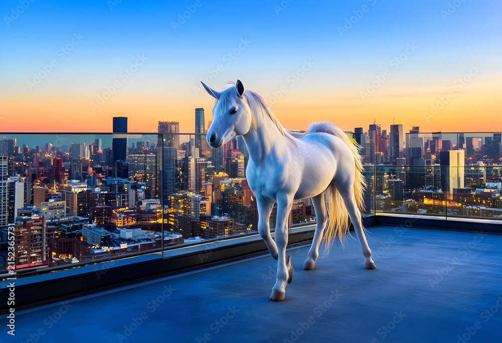 Obraz premium White unicorn standing on a modern rooftop terrace overlooking a sprawling city skyline at sunset