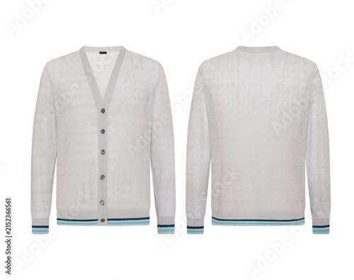 A White long-sleeved V-neck knitted cardigan with button displayed front and back view on a transparent background.