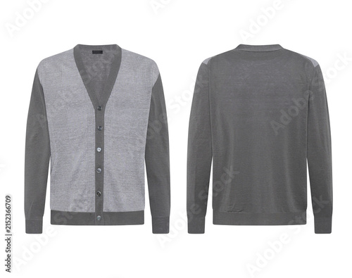 A Grey V-neck long-sleeved knitted cardigan with button displayed front and back view on a transparent background.