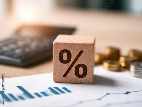 Tax season Taxation. Percent sign on block, calculator, coins stack. Percentage symbol block. Financial research, report. Tax return. Personal banking. Finance. Planning budget. Calculating expense