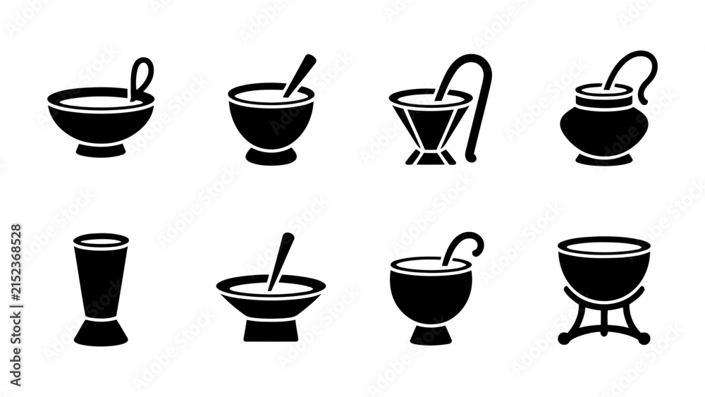 Obraz premium Set of traditional cooking utensils and bowls with spoons illustrated