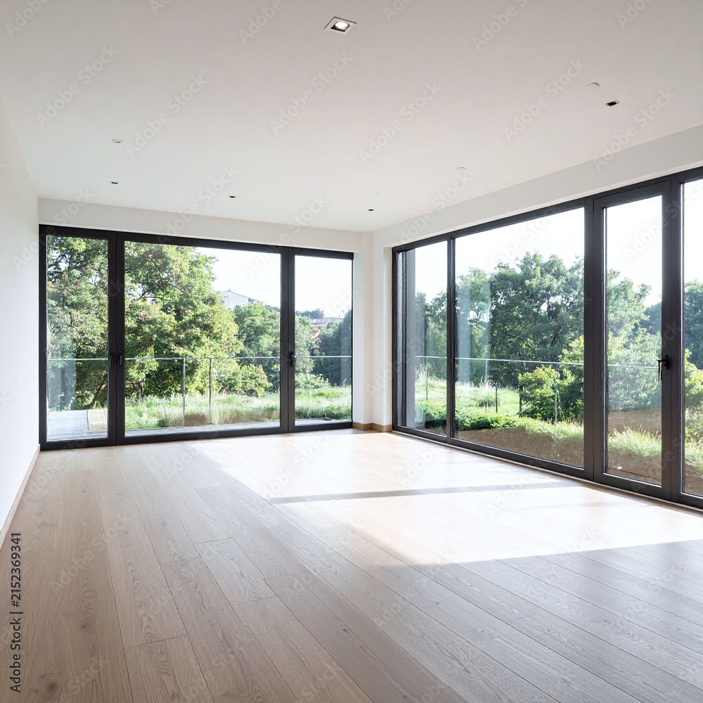 Obraz premium Sunlit empty modern apartment living room with light wood floor and panoramic glass doors opening to a lush garden view. This peaceful interior offers serenity with no people.