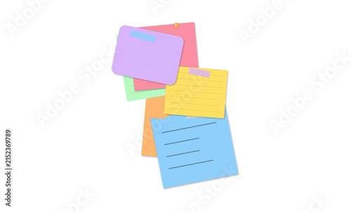 Set of colorful sticky notes with diverse shapes and textures isolated for office task management.