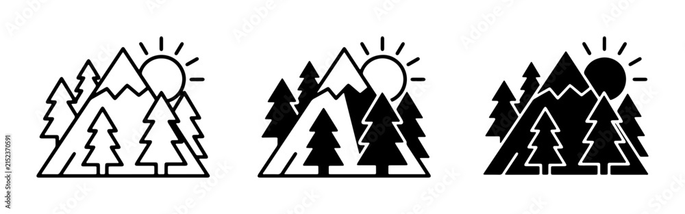 Fototapeta premium Mountain Landscape Icons, Forest Scenes, Sun and Trees Vector Graphics, Nature Outdoors Collection