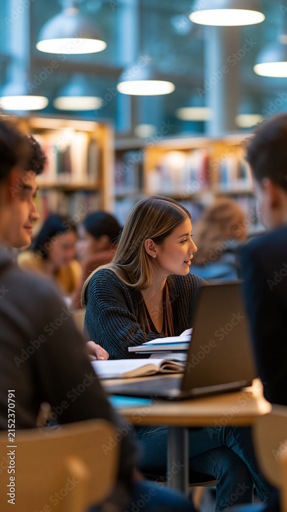 Fototapeta premium rear view of a multiethnic team of high school students discussing a group project at a table with a laptop in a bright library, backs to camera, teamwork and education concept,