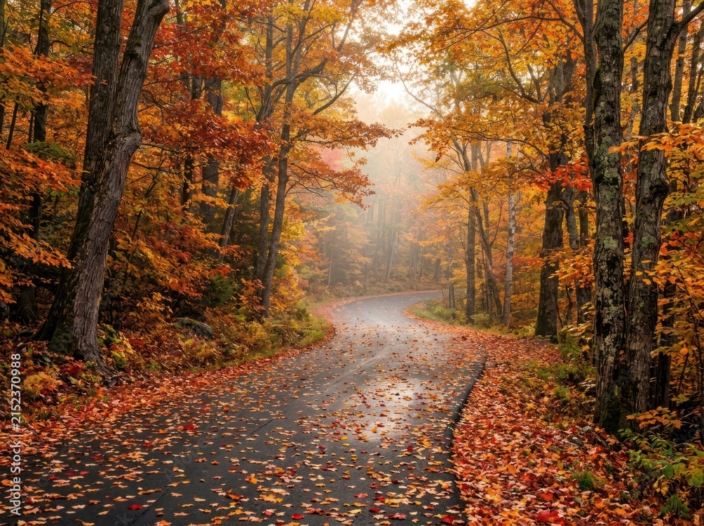Fototapeta premium Scenic Autumn Forest Road Covered in Fallen Leaves.