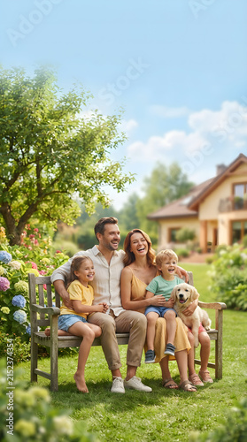 Happy family of four with their adorable golden retriever puppy sitting together on a garden bench at their suburban home in summer