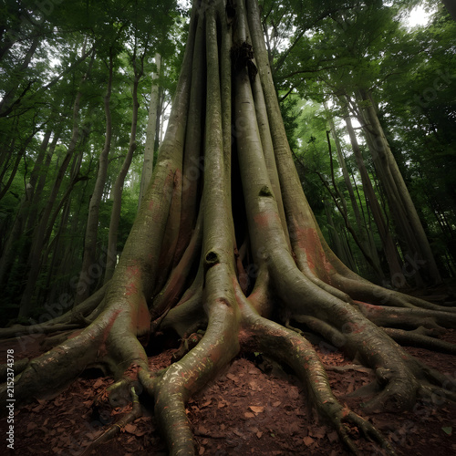 Majestic Ancient Tropical Tree With Massive Exposed Buttress Roots in a Dense Rainforest