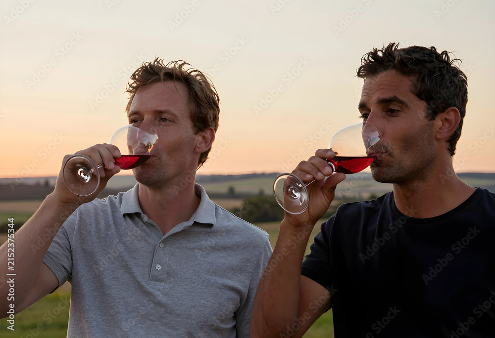 Obraz premium Two men drinking red wine from glasses outdoors at sunset, enjoying a vineyard experience and tasting event
