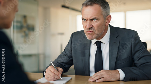 An Intimidating Professional Corporate Meeting Featuring a Serious Boss Expressing Frustration During an Office Discussion With an Employee