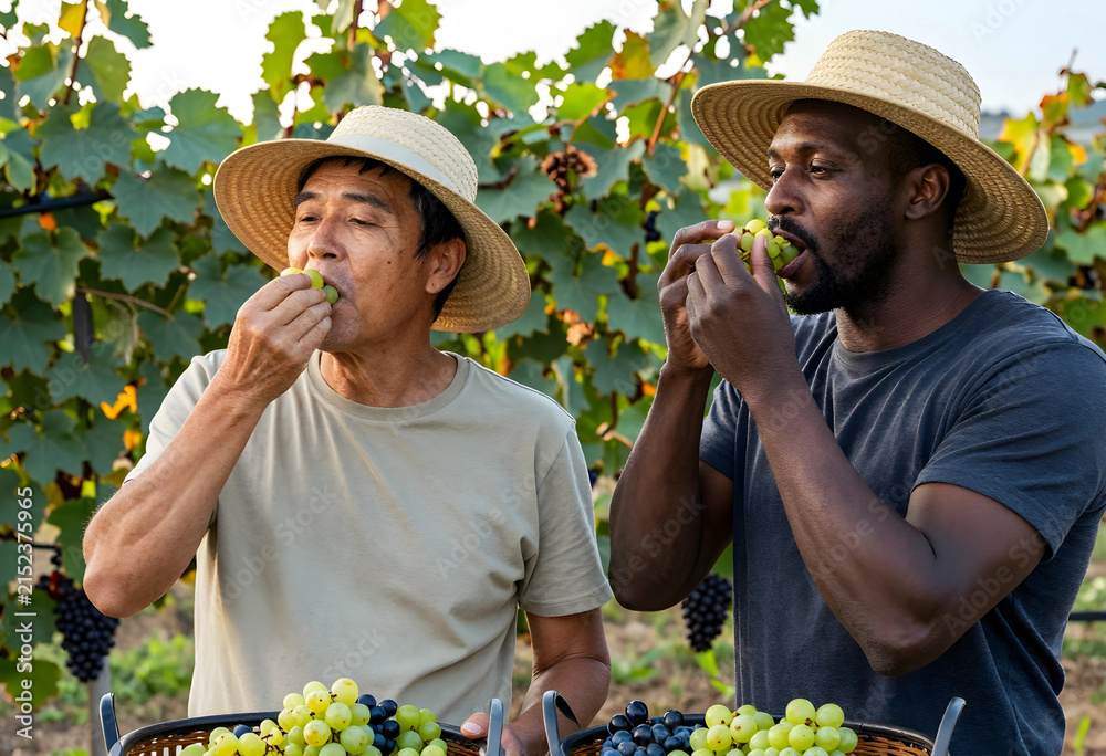 Obraz premium Two diverse male farmers in straw hats tasting fresh green grapes from baskets in a sunny vineyard during harvest season