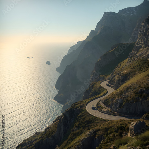 Scenic Winding Coastal Road Along Dramatic Mountain Cliffs Above a Misty Blue Ocean at Sunrise