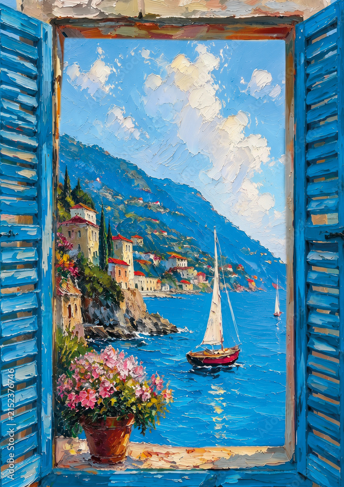 Obraz premium View from an open window of a sea bay with a sailboat, watercolor 