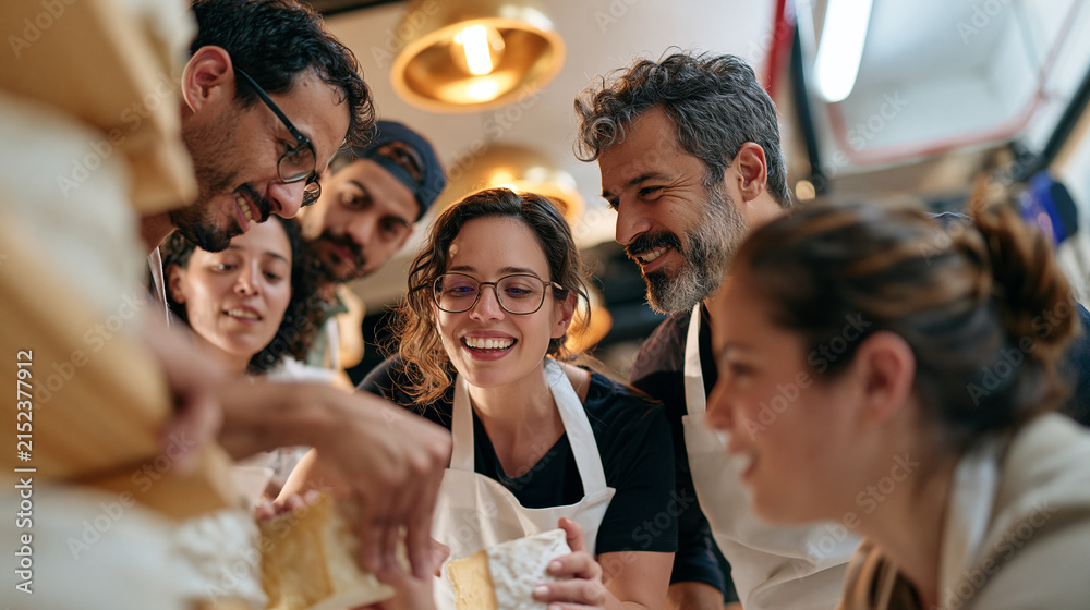 Fototapeta premium Artisan cheesemaker team in a warm cave-aged cellar reviews new batch yield together, diverse staff in white aprons gathered around a wooden aging shelf under amber pendant lights examining rinds wi