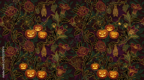 Gothic Halloween seamless pattern, spooky jack o lanterns and bats in floral vines, dark vintage damask wallpaper with roses Halloween