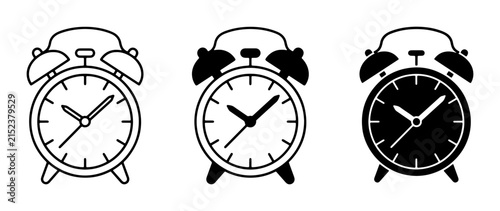 Retro Alarm Clocks, Vintage Timepieces, Classic Wake-Up Bells, Set of 3 Icons, Black and White Vector Graphics
