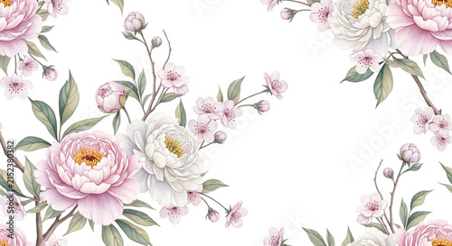 Watercolor Floral Pattern Featuring Pink and White Peonies with Cherry Blossoms and Green Leaves on White Background