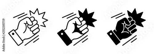 Fist Punch Icon Set, Knocking Hand Vector Graphics, Impact Symbol Collection, Aggression and Force Illustration