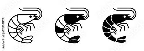 Three Shrimp Icons: Outline, Black and White, Solid Black Vector Graphics for Seafood and Marine Themes