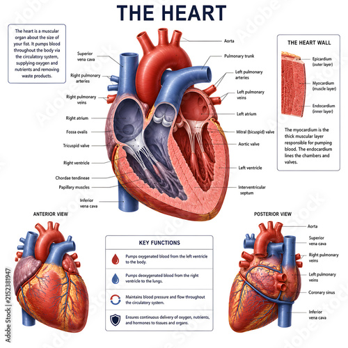 Human heart anatomy chart showing internal chambers and cardiac functions with cardiology