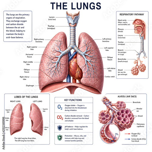 Human lungs respiratory system anatomy educational poster with labeled parts, respiratory