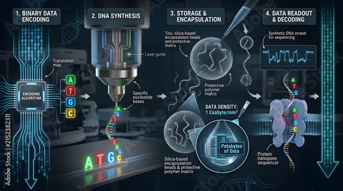 Dna data storage technology conceptual infographic showing sequencing and retrieval