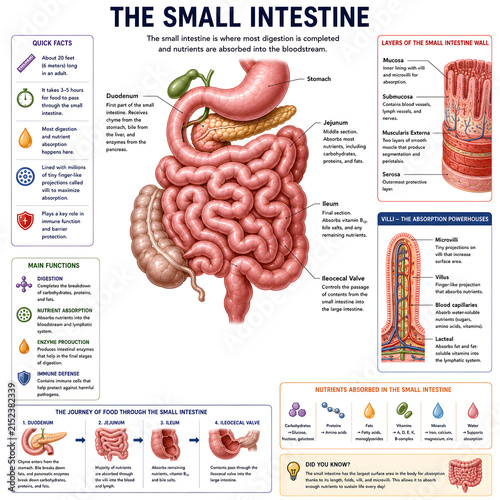 Detailed educational anatomy chart of the human small intestine and digestive process
