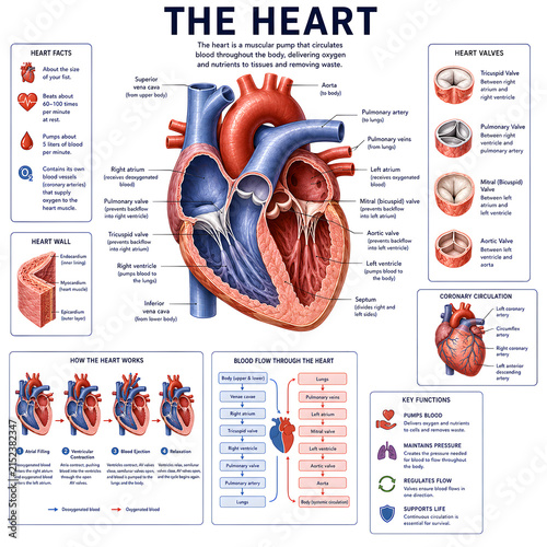 Human heart anatomy educational poster with labeled circulatory system sections, education