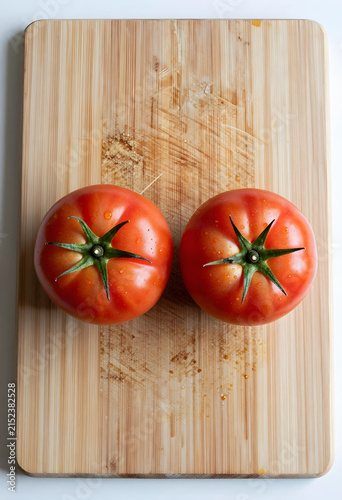 Two fresh red tomatoes with...