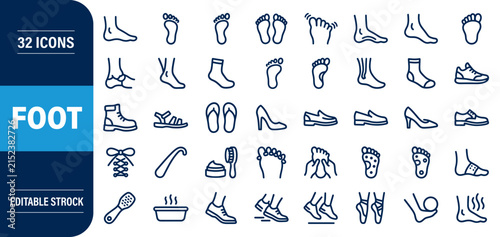 Set of thirty two thin line vector icons representing human feet footwear and foot care products. Editable vector illustration.
