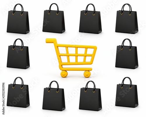 Yellow shopping cart surrounded by many black paper bags on display