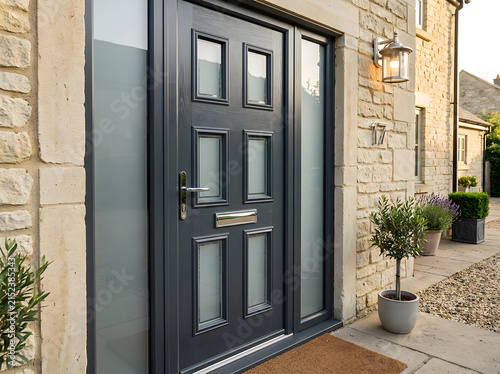 Modern anthracite grey composite front door | Contemporary stone house exterior design | Stylish entrance with frosted glass panels | Elegant front porch with outdoor lighting and plants