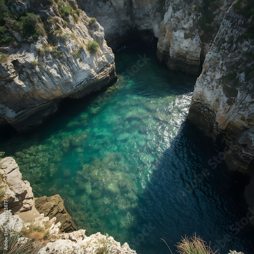 Crystal Clear Turquoise Water in a Dramatic Rocky Coastal Cove, Natural Sea Pool Surrounded by Limestone Cliffs