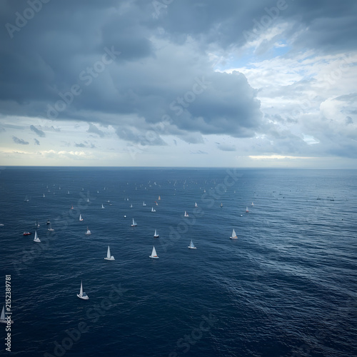 Dramatic Stormy Ocean Seascape with Small Sailboats Beneath Heavy Clouds and Moody Atmospheric Sky