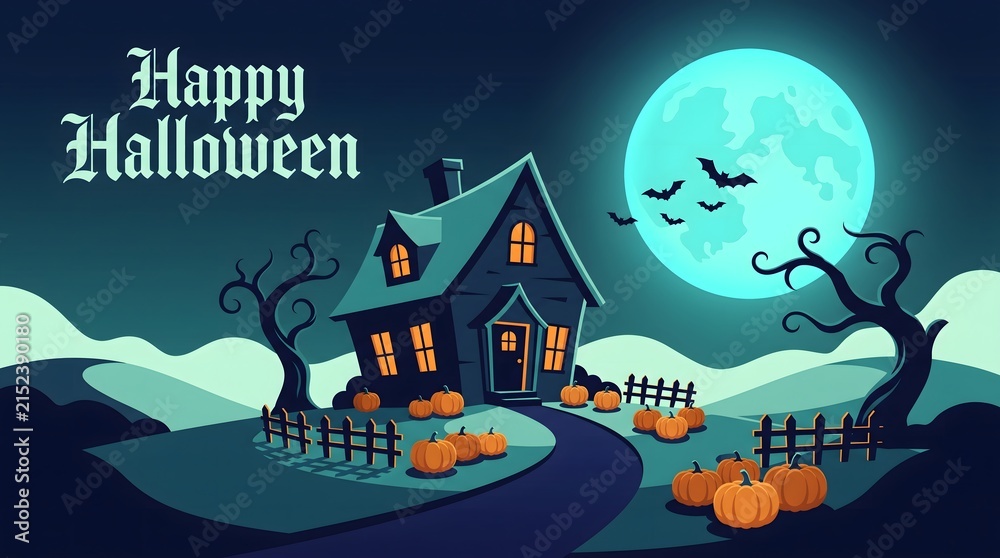Fototapeta premium Spooky haunted house with jack o lanterns under a full moon halloween night
