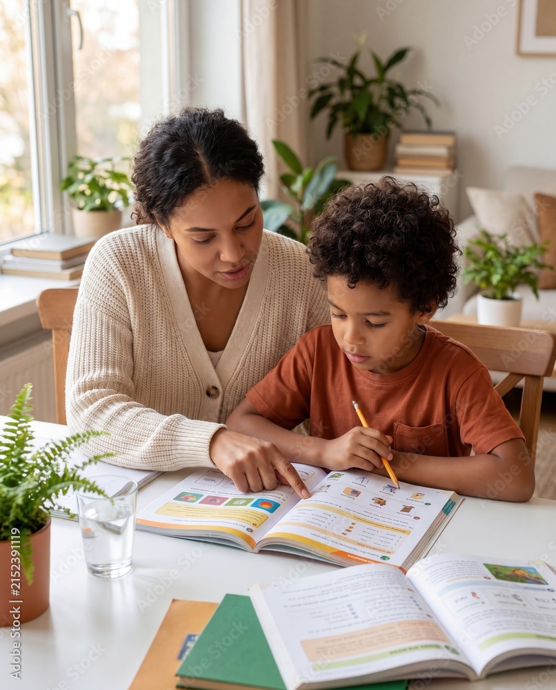 Naklejka premium Mother helping son with homework and studying at home