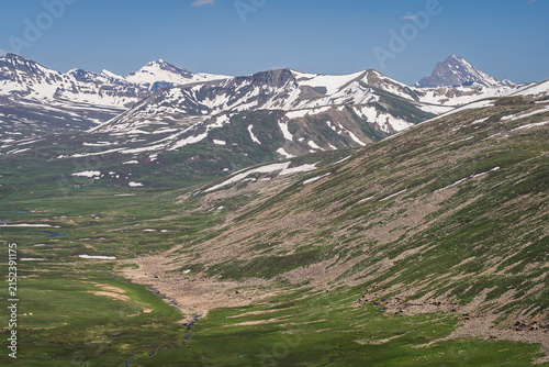 Early summer mountain landscape view from high altitude Babusar pass aka Babusar top, border between Khyber Pakhtunkhwa and Gilgit Baltistan, Pakistan