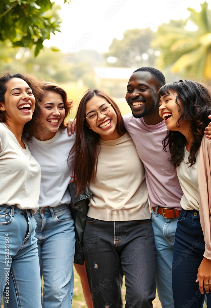 Fototapeta premium Diverse group of happy young adults laughing together outdoors, friendship and community