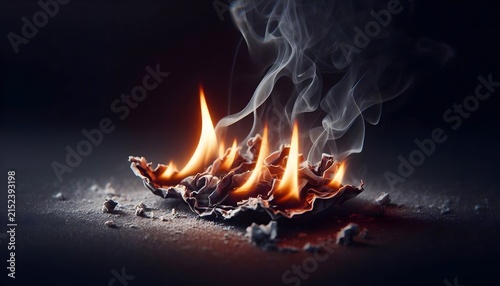 A small pile of burning material creating bright orange flames and thick grey smoke isolated against a dark black background setting