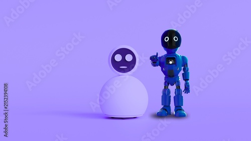 Two diverse robot characters stand together on purple studio backdrop