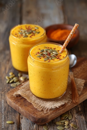 natural smoothie made from yellow pumpkin. Generative AI,