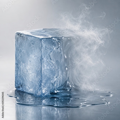 Ice cube melting on a reflective surface with water droplets and vapor rising, creating a cool and refreshing visual effect in a minimalistic setting