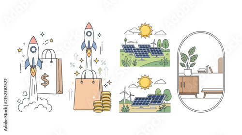 Hand drawn vector illustration collection featuring vibrant business growth concepts alongside eco-friendly solar energy panels and modern interior design elements isolated on a plain white background