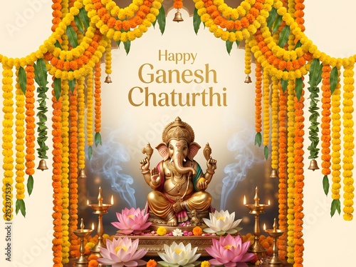 lord ganesha statue with marigold garlands and lotus flowers for festival celebration.