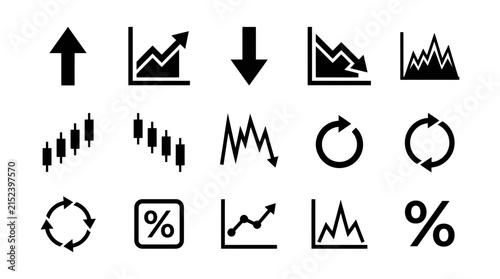 Financial market trend icons collection featuring various black vector graphic symbols representing growth decline analysis statistics percentage refresh cycles and data visualization elements for pro