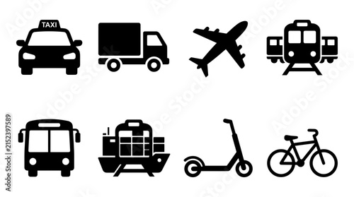 Set of black flat vector transport icons featuring diverse vehicles including taxi truck airplane train bus ship scooter and bicycle designed for modern navigation apps and digital interface graphic p